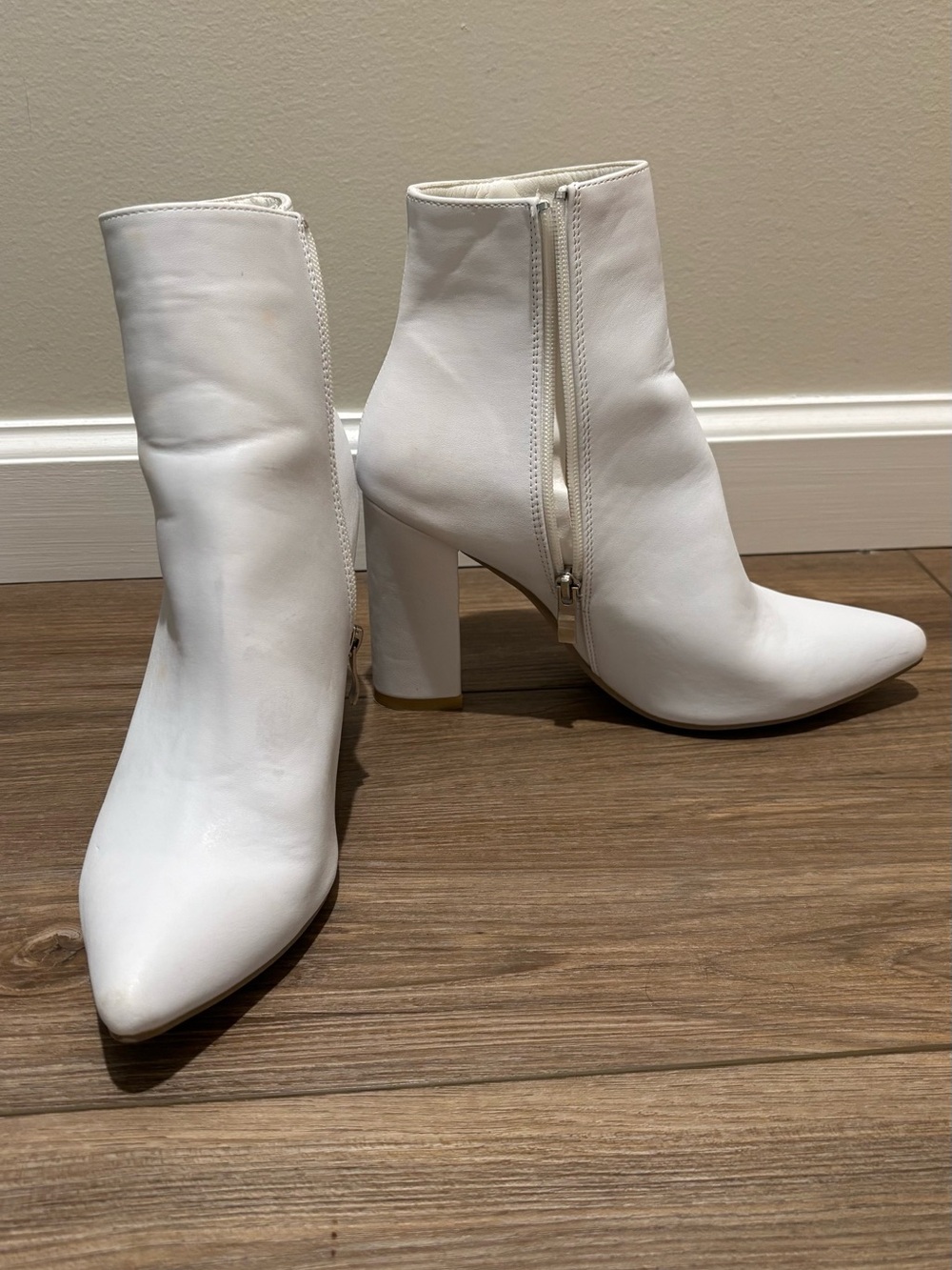 White Pointed Toe Block Heel Ankle Boots